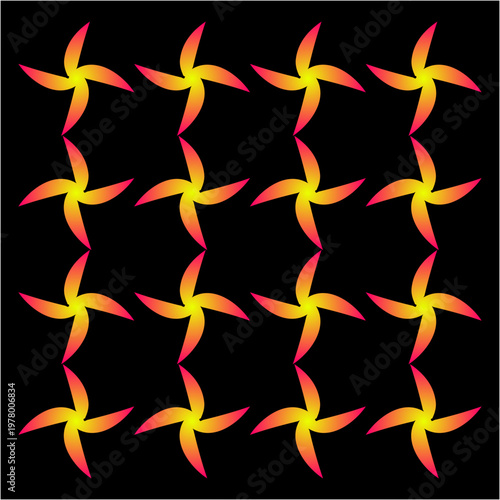 Glowing pinwheel shapes spin across dark background, warm gradients of yellow orange and pink create motion, dynamic repetition, hypnotic visual rhythm pattern