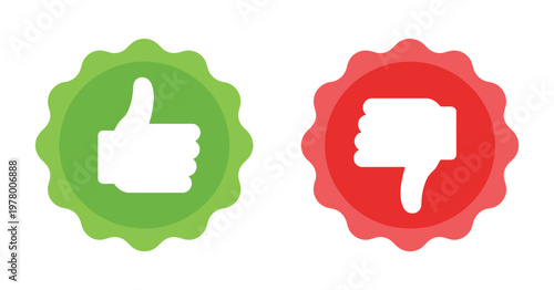Thumbs up and thumbs down label icons, flat stamp vector set, “I like it” and “I don’t like it,” Do’s and Don’ts, good and bad choice voting buttons with hand, vector illustration.