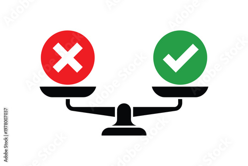 A scale balancing a green checkmark and a red cross symbol on its plates