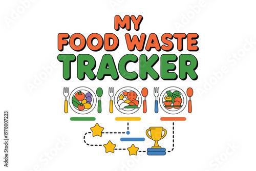 A colorful illustration of a food waste tracker with plates and utensils