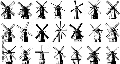 Set of diverse vintage windmill illustrations. Hand-drawn collection of various traditional wind turbine designs, sketches, and silhouettes isolated on white.