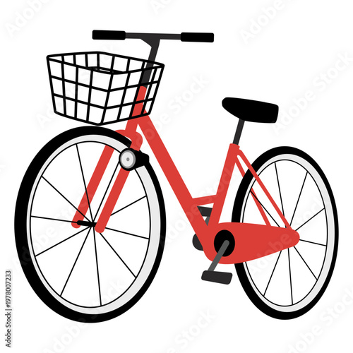 前方斜めから見たシンプルな赤いカゴ付き自転車