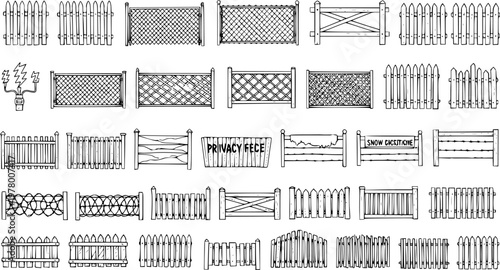 Hand-drawn collection of various fence types, including picket, chainlink, lattice, barbed wire, and rustic wooden fences. Sketch illustration set for borders and security.