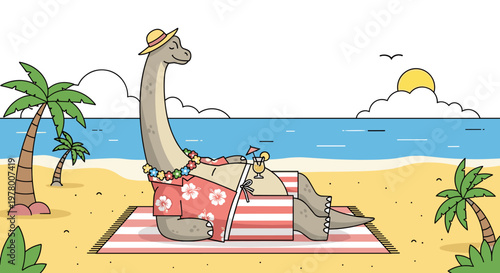 Cute dinosaur relaxing on tropical beach with cocktail peaceful summer holiday illustration