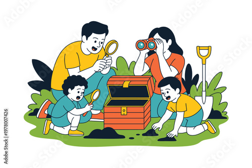 A family of four is excitedly searching for treasure in a green outdoor setting