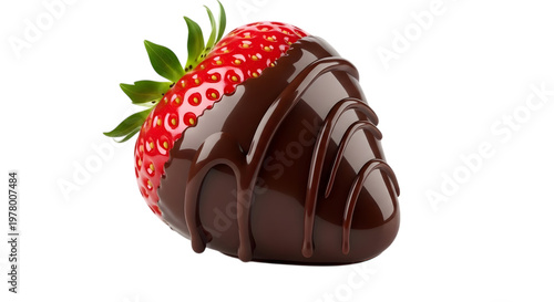 A delicious chocolate covered strawberry with vibrant red seeds and green leaves on transparent background