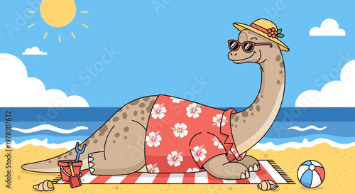 Cute dinosaur relaxing on beach towel wearing sunglasses and summer shirt sunny seaside holiday illustration