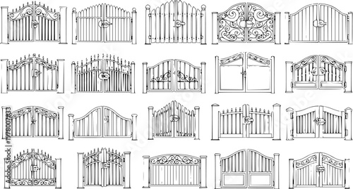 Collection of Various Gate Designs: Hand-Drawn Black and White Line Art Sketches of Wrought Iron and Wooden Entrance Gates