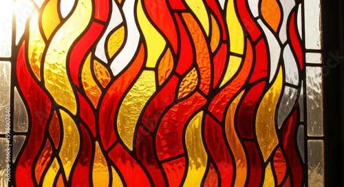 Vibrant stained glass flame design artwork.