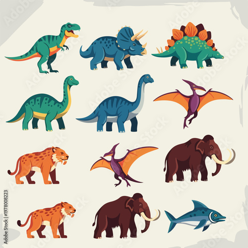 Collection of prehistoric animals and dinosaur cartoon character illustrations.