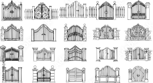 Hand-Drawn Sketch Collection of Architectural Gates and Fences. Detailed Black and White Line Art Set Featuring Various Styles of Entryways, Fences, and Columns.