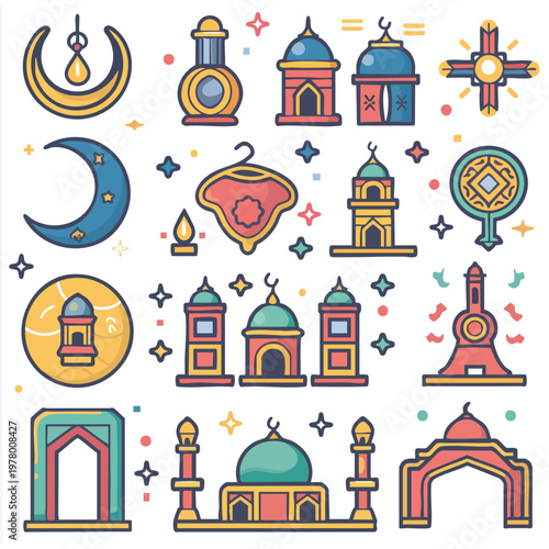 Colorful Islamic Architecture Icons and Domes.