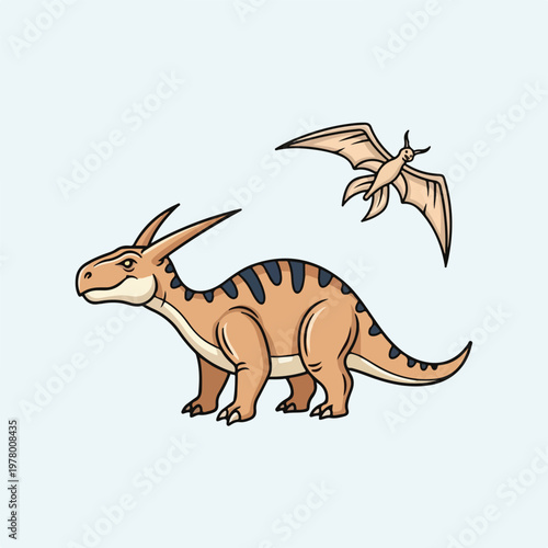 Cartoon Illustration of a Cute Dinosaur and a Flying Pterosaur.
