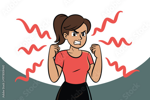 A cartoon woman with a fierce expression and clenched fists in a red shirt