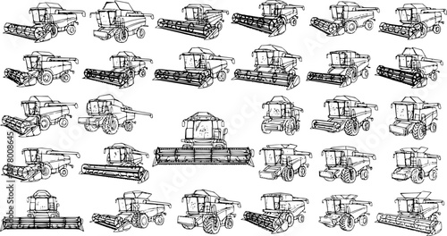 Seamless pattern of various hand-drawn combine harvesters in black and white line art, depicting agricultural machinery for farming and harvest.