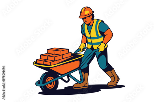 A construction worker pushing a wheelbarrow filled with bricks on a building site