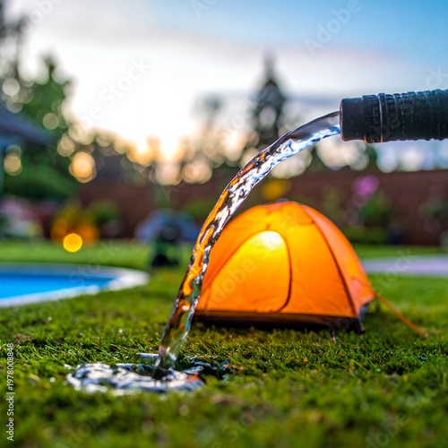 Water pouring from a hose onto a miniature camping tent in a vibrant green garden at sunset.