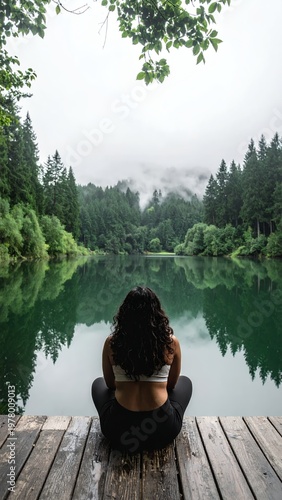 Woman Meditating by Serene Lake in Lush Forest Landscape.