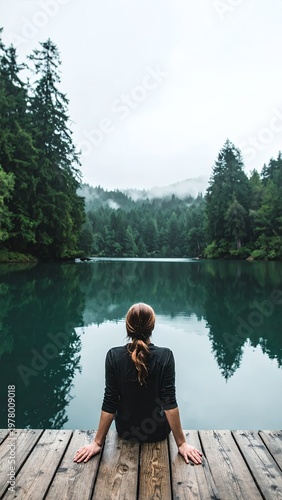 Woman sits on a wooden dock, gazing at a serene lake surrounded by lush green forest and misty mountains.