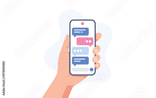 This image features a human hand holding a smartphone displaying multiple colorful text message chat bubbles