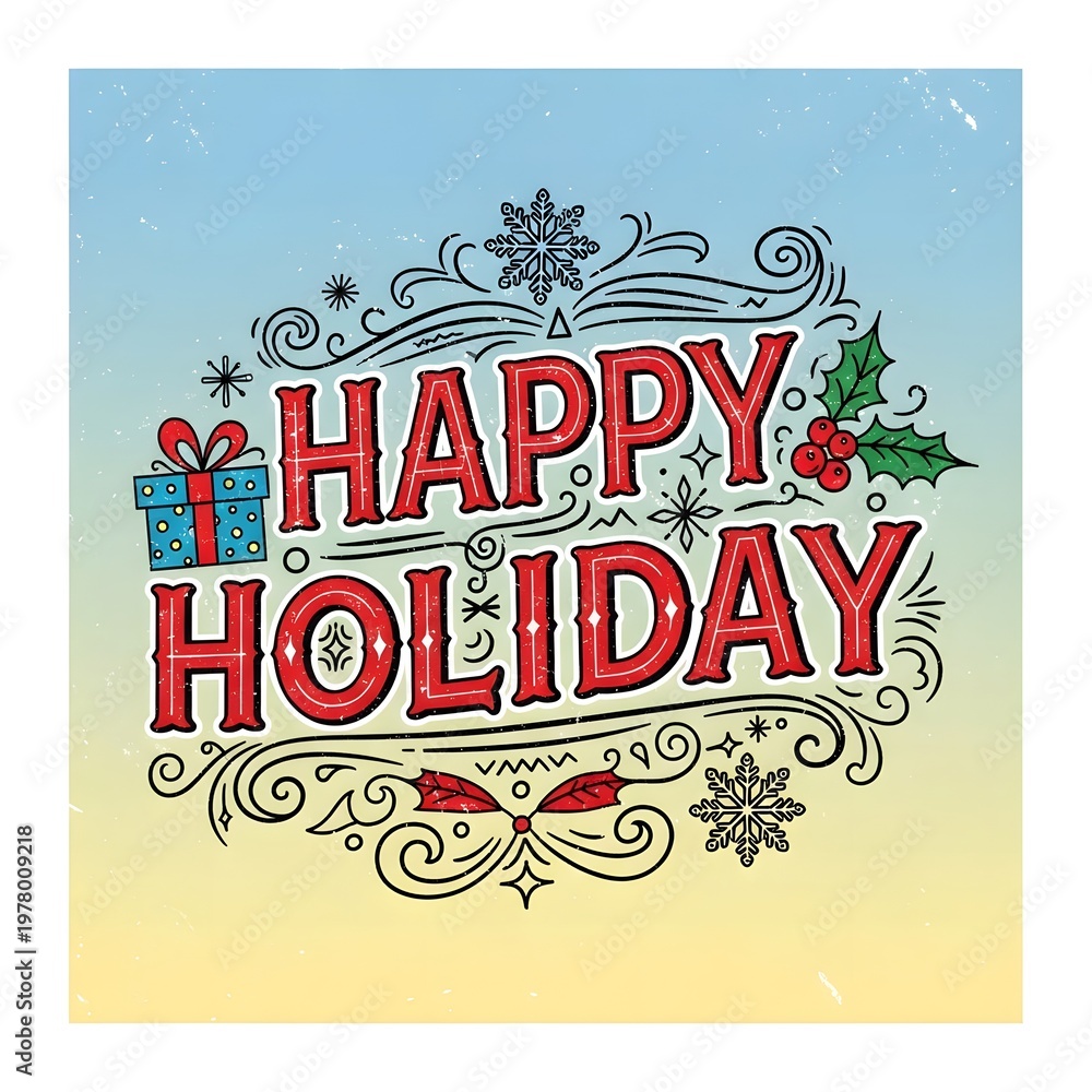 Obraz premium vintage happy holiday gift tag with festive red and gold design on blue background