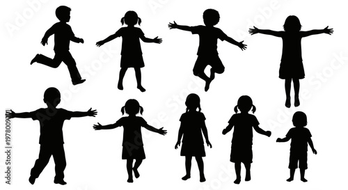 Children Silhouettes: Diverse Poses of Kids Playing, Jumping, and Standing