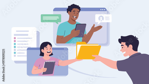 This image shows a diverse group of people collaborating remotely on projects through video calls and sharing files