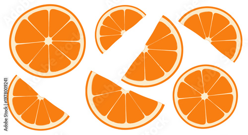 Fresh Orange Slices, Citrus Fruit Halves and Pieces on White Background