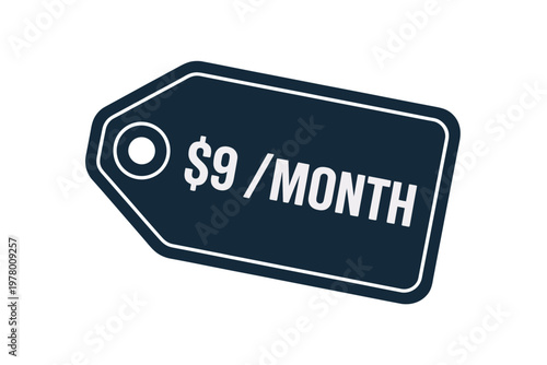 A dark blue price tag with a white outline and monthly cost displayed prominently