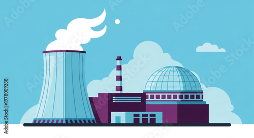 Modern Nuclear Power Plant with Cooling Tower and Reactor Building.