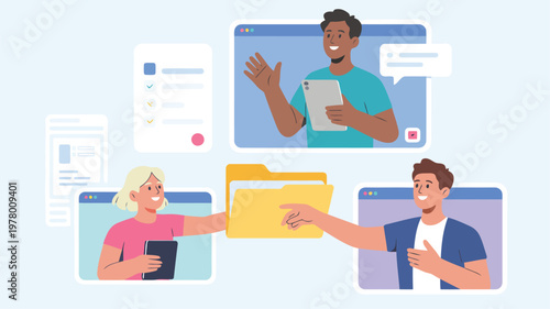This image shows people collaborating online through video calls and sharing files between different screens