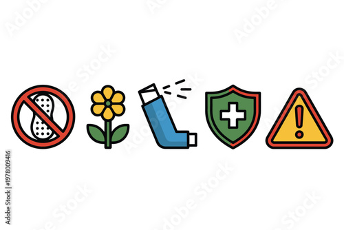 A set of colorful icons representing health and medical warning signs and symbols.