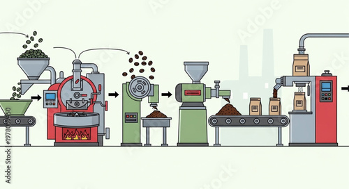 Modern coffee bean processing and packaging factory line.