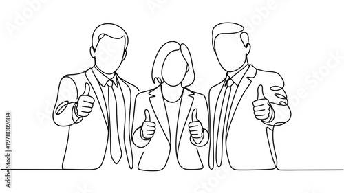 Three business people in suits give a thumbs up sign indicating success and approval