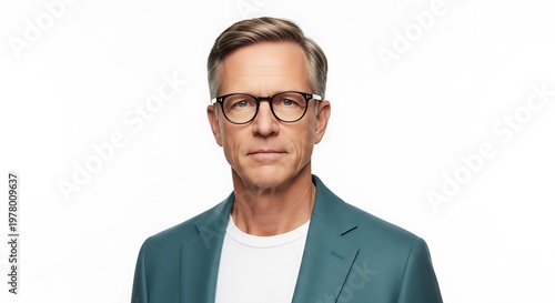 Mature professional man wearing glasses and a stylish teal blazer looking directly at the camera for a corporate studio portrait on white background