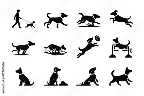 A collection of black dog silhouettes in various playful and active poses and actions