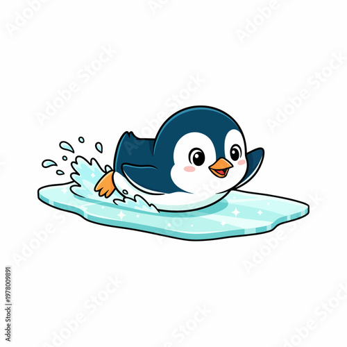 Joyful cartoon penguin slides across an icy surface, splashing water with its flippers in a playful and energetic manner