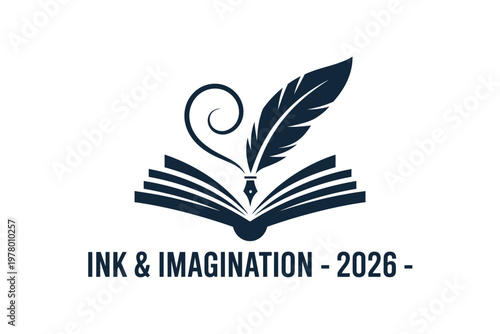 A logo featuring an open book with a feather and inkwell on a white background