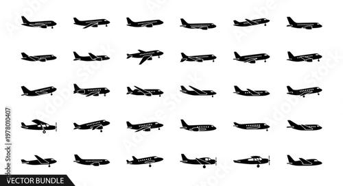 Collection of Vintage Airplane Silhouettes Isolated on White Background.
