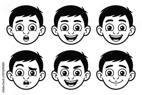 A cartoon boy displaying various facial expressions on a white background