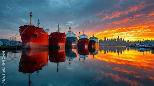 Harbor Sunset Spectacle: A fleet of cargo ships rests serenely in a harbor, mirroring the fiery hues of the sunset. This scene depicts industrial prowess combined with the beauty of nature.