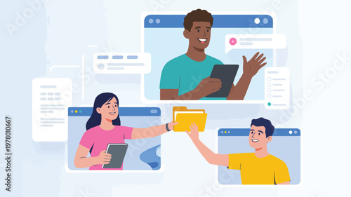 Three smiling people connect virtually from separate browser windows sharing digital files and messages