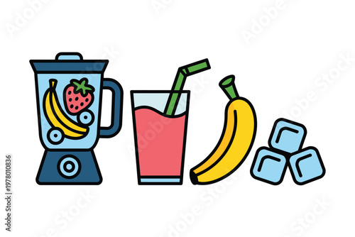 A cartoon illustration of a blender with fruit and a glass of smoothie