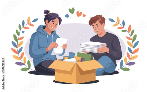 Two people sitting on the floor unpacking items from a cardboard box surrounded by colorful leaves.