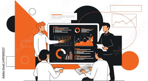 Business people analyzing data on large computer screen in modern flat design with orange and black colors for marketing and finance