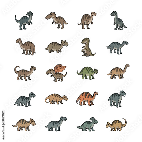 Collection of various hand drawn cartoon dinosaur characters.