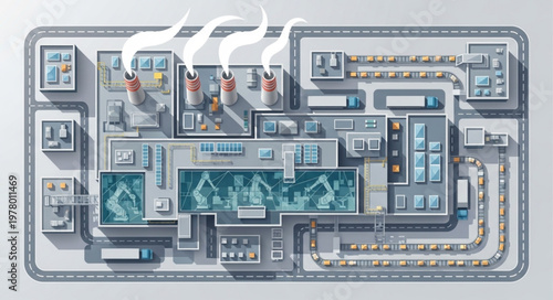 Modern industrial factory complex with multiple buildings and pipelines.