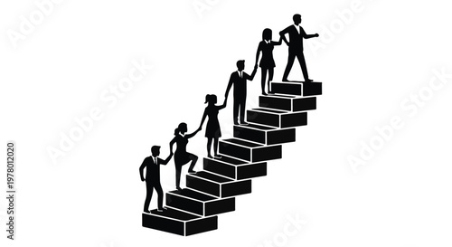 Diverse group of people ascend stairs together, symbolizing teamwork and shared success.