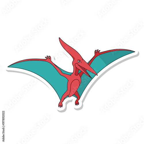 Cartoon Pterodactyl Dinosaur Flying Sticker Design.