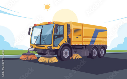 A yellow street sweeper truck cleans the road on a sunny day with clouds.